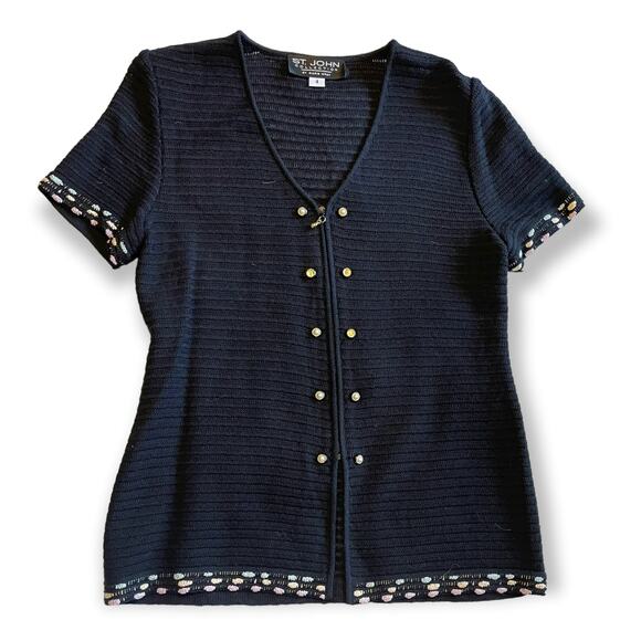 St John by Marie Gray Collection Sz 4 embroidered edge short sleeved sweater EUC - Picture 1 of 3